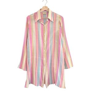 Fisico Long Sleeve Tunic Shirt Cotton Gauze Colorful Stripe Button Up Large